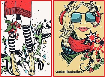 vector set of Christmas and New Year´s  cards with fashion cirls