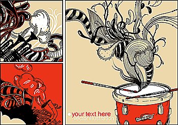 vector set of 3 hand drawn cards with a red drum, trumpets and abstract plants