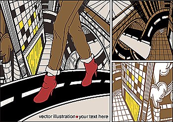 vector set of an urban girl and modern architecture
