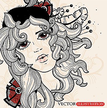 vector illustration of a girl with long hair with red bows