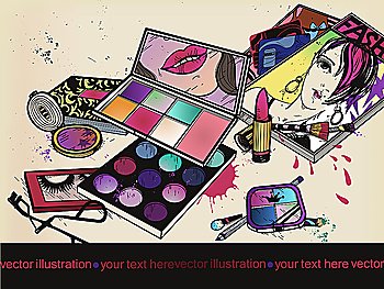 vector illustration of  colorful eyeshadow, fashion magazines and credit cards