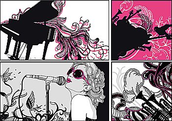 vector set of 4 music cards with a piano, trumpets,and other instruments and a girl singing a song