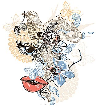 vector mix of an abstract girl , birds and flowers