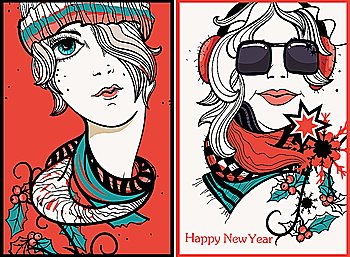 vector set of   two cards with pretty girls in colorful  winter cloth