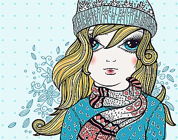 vector illustration of a pretty girl in knitted winter cloth on a floral background