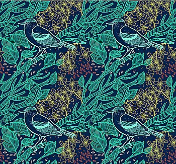 vector floral seamless pattern with plants and birds