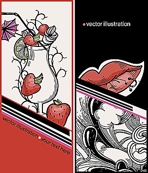 vector set of two abstract cards with red lips and a cocktail with red berries