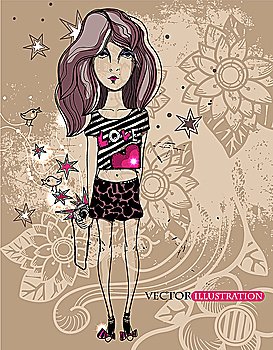 vector illustration of a young girl with a camera on a floral background. eps10