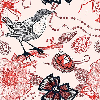 vector seamless pattern with birds, flowers and jewelry