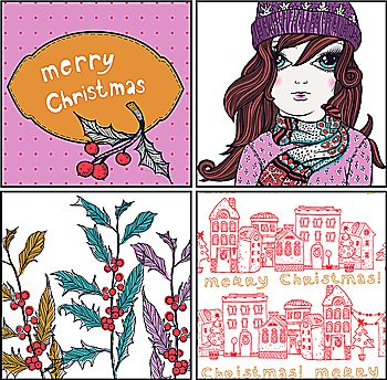 Christmas set of vector illustrations and Christmas seamless pattern
