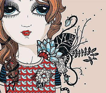 vector illustration of a young girl with fantasy flowers