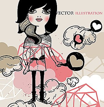 vector illustration of a girl with abstract clouds