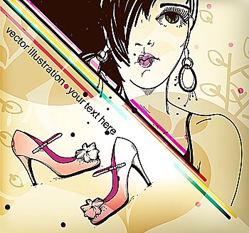 vector illustration of a pretty young girl and fashion shoes on a shining background. eps10