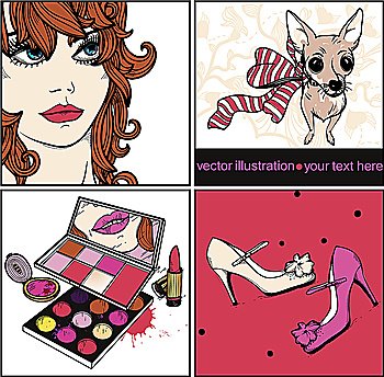 vector set of colorful fashion cards with a girl, little doggy, trendy shoes and make up