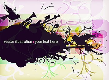 vector frame with flying birds and musical instruments : guitars,trympets and violins
