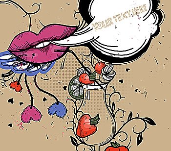 vector illustration with bright lips and berries in a vintage style