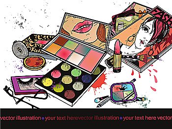 vector illustration of colorful eyeshadow, eyeliners and make up and fashion magazines