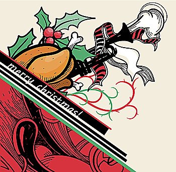 christmas vector illustration of a turkey,christmas decoration and a trumpet