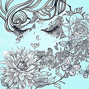 vector illustration of  a dreaming girl and blooming flowers