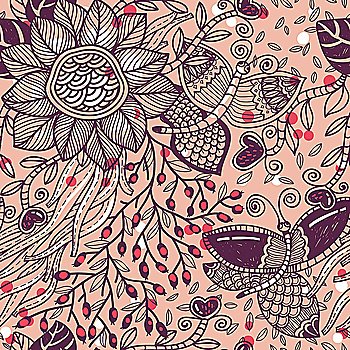 vector floral seamless pattern with red berries and butterflies