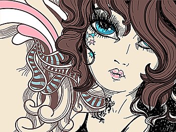 vector illustration of a pretty brunette with lovely blue eyes