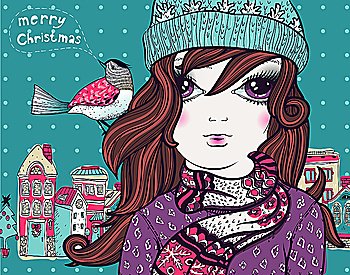 Christmas vector illustration of a pretty girl  in winter cloth and  a  little bird