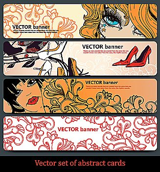 vector set of colorful floral cards with girls and fashion shoes