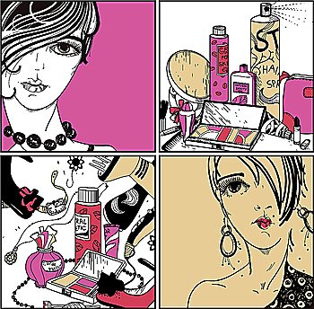 vector set of hand drawn cards with cosmetics and young girls