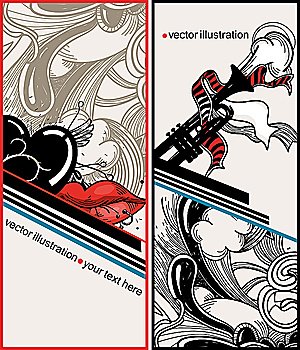 vector set of two abstract cards with a trumpet, red lips and a punctured heart