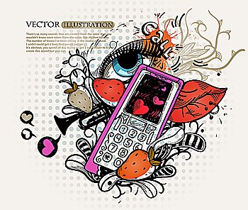 vector mix  of colorful abstract phone,plants,beries,lips and an eye
