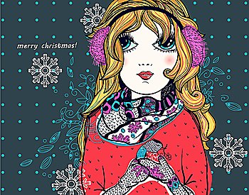 Christmas vector illustration of a  pretty girl with a little winter bird