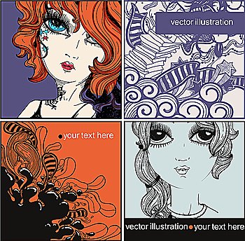 vector set of hand drawn cards with pretty girls and abstract backgrounds