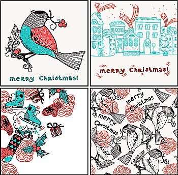 vector set of Christmas cards and Christmas seamless pattern