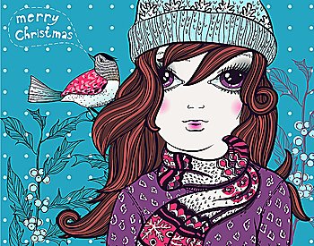 Christmas vector illustration of  a  pretty girl  with a little bird