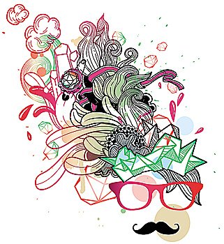 vector illustration of an invisible face in red glasses with cartoon mustache and a  fantasy haircut