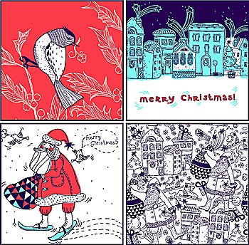 Christmas set of vector illustrations and Christmas seamless pattern