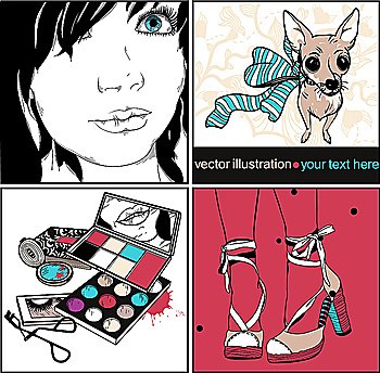vector set of colorful cards with a girl, make up, fashion shoes and a little dog with a streaky bow