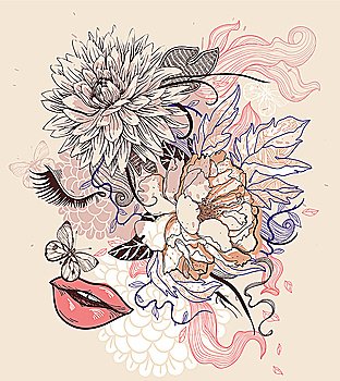 vector illustration of a fantasy dreaming girl and blooming flowers