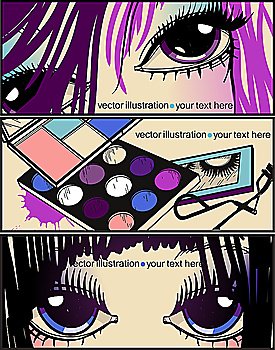 vector set of 3 cards with pretty eyes and make up