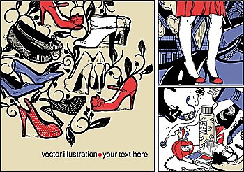 vector set of three hand drawn cards with fashion shoes,cosmetics and a girl in a red dress on an urban background
