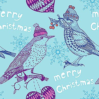 Christmas vector seamless pattern with winter birds