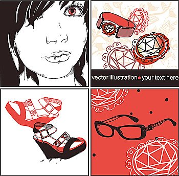 vector set of 4 cards with a young girl, fashion shoes, jewelry and accessories