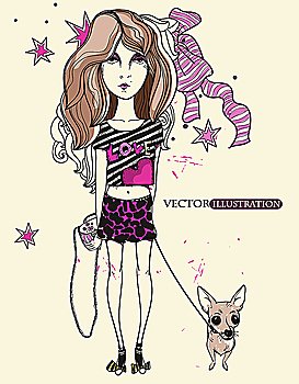 vector illustration of a fashion girl with a little doggy
