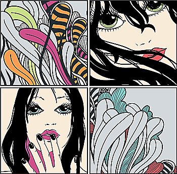 vector set of hand drawn cards with pretty girls and colorful abstract plants