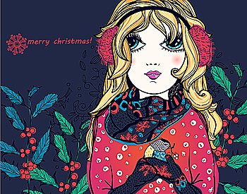 Christmas vector illustration of a fashion girl with a little bird