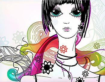 vector illustration of a young girl on a colored  abstract background. eps10