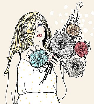 vector illustration of a young girl in a summer dress with fresh colored flowers
