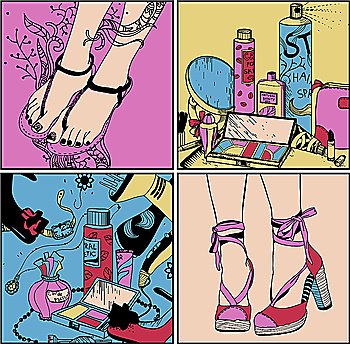 vector set of 4 bright cards with pretty feet in fashion summer shoes and cosmetics, perfume and make up