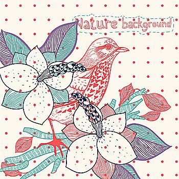 vector floral background with blooming magnolia and a red bird