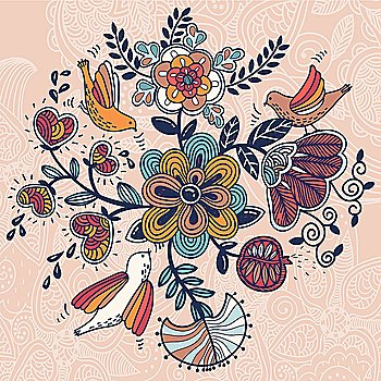 vector floral illustration with decorative flowers and birds